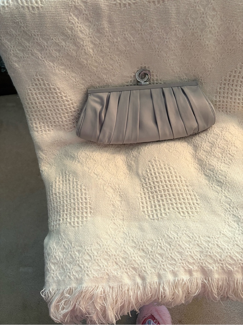 Gray Pleated Satin Evening Clutch with Rhinestone Twist Clasp